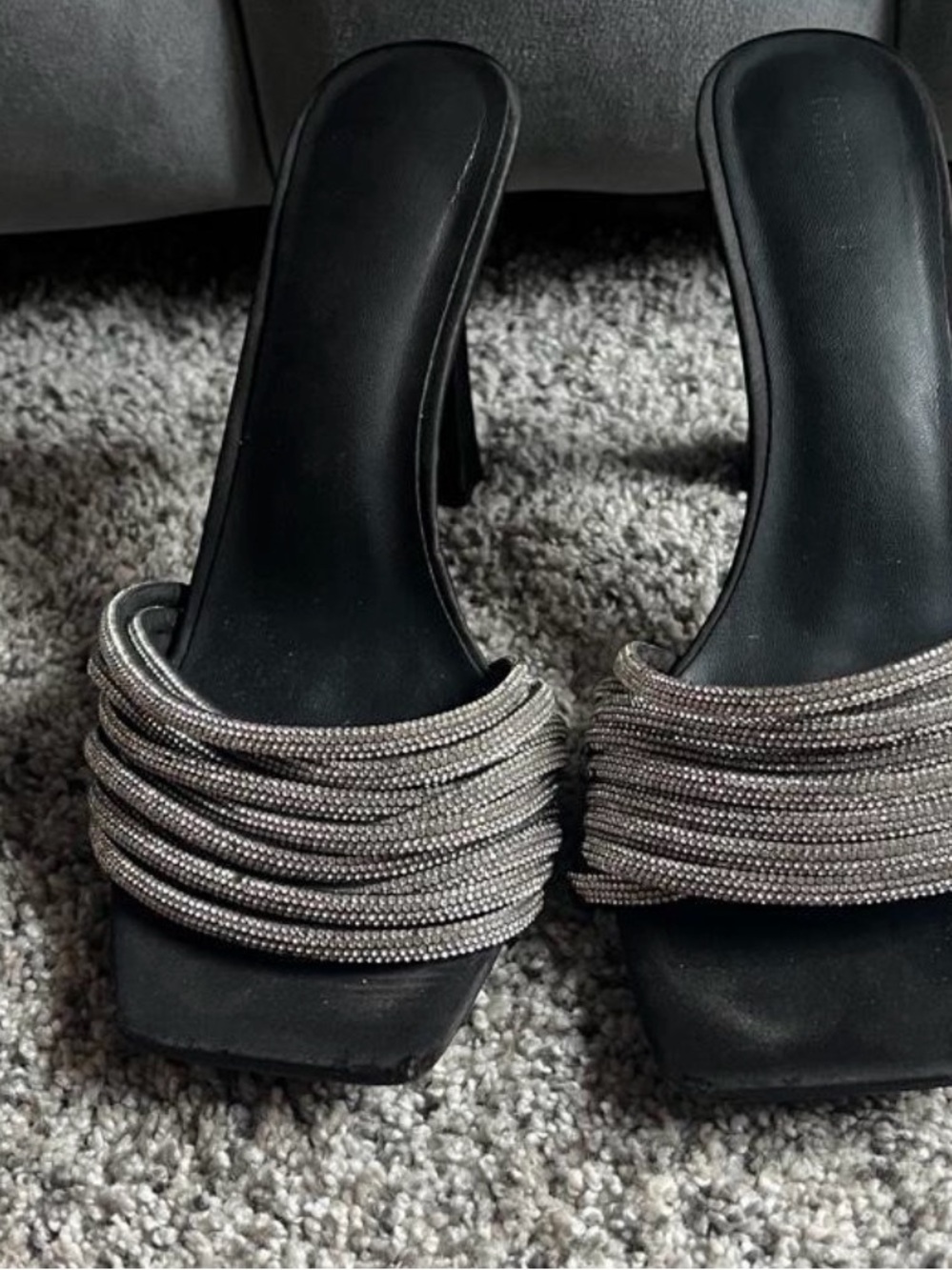 Black Slide Heels with Silver Beaded Straps